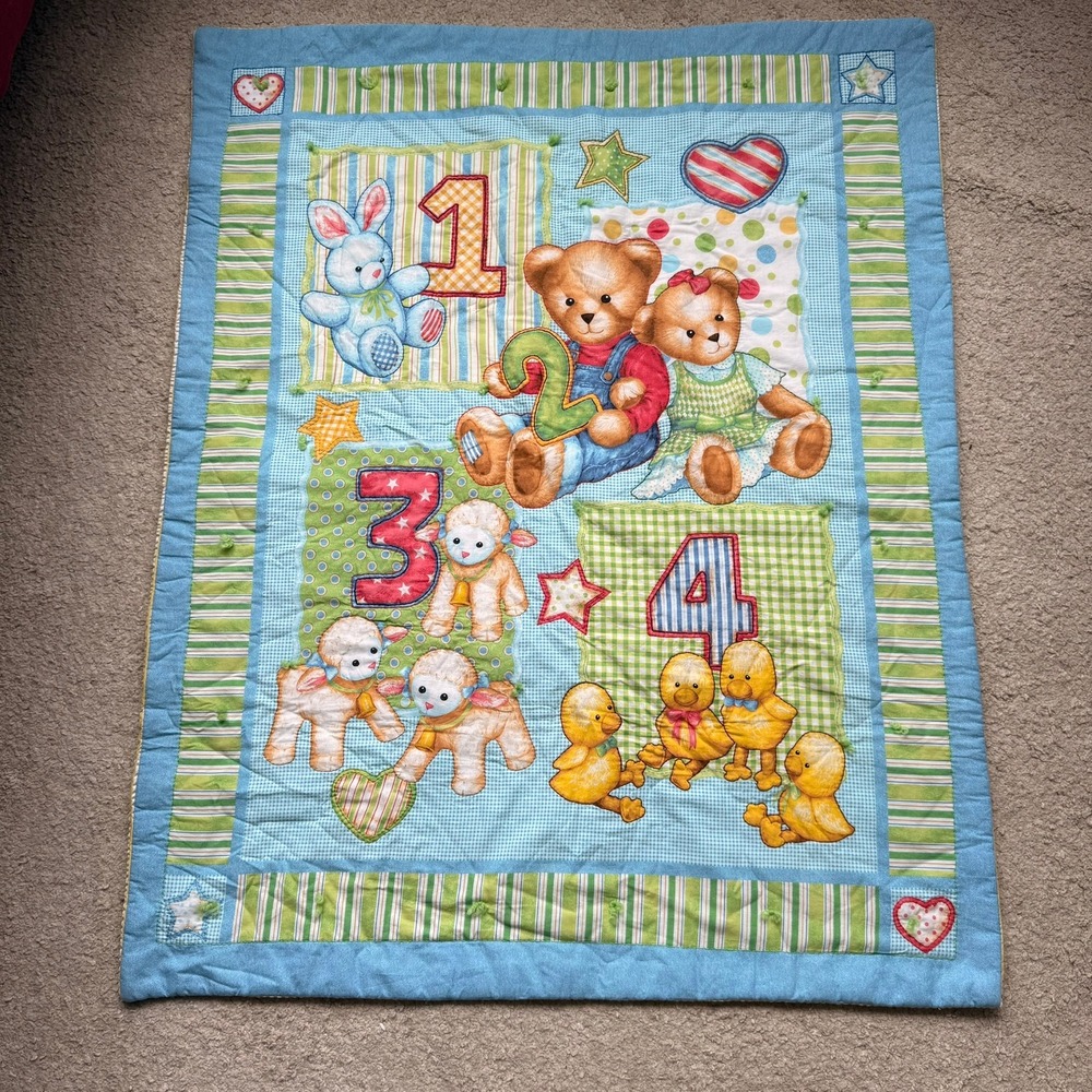 Vintage Quilted Baby Blanket Nursery Animals Numbers 1-2-3-4 Blue Green 32x41